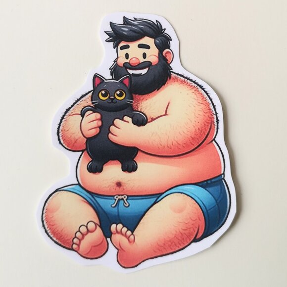 5 for 10$ - Man Holding a Black Cat Sticker Cute Dad Bod Bear Gay LGBT - Picture 1 of 1